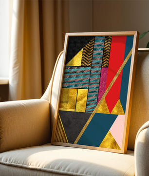 Geometric abstract art with bold colors and golden accents