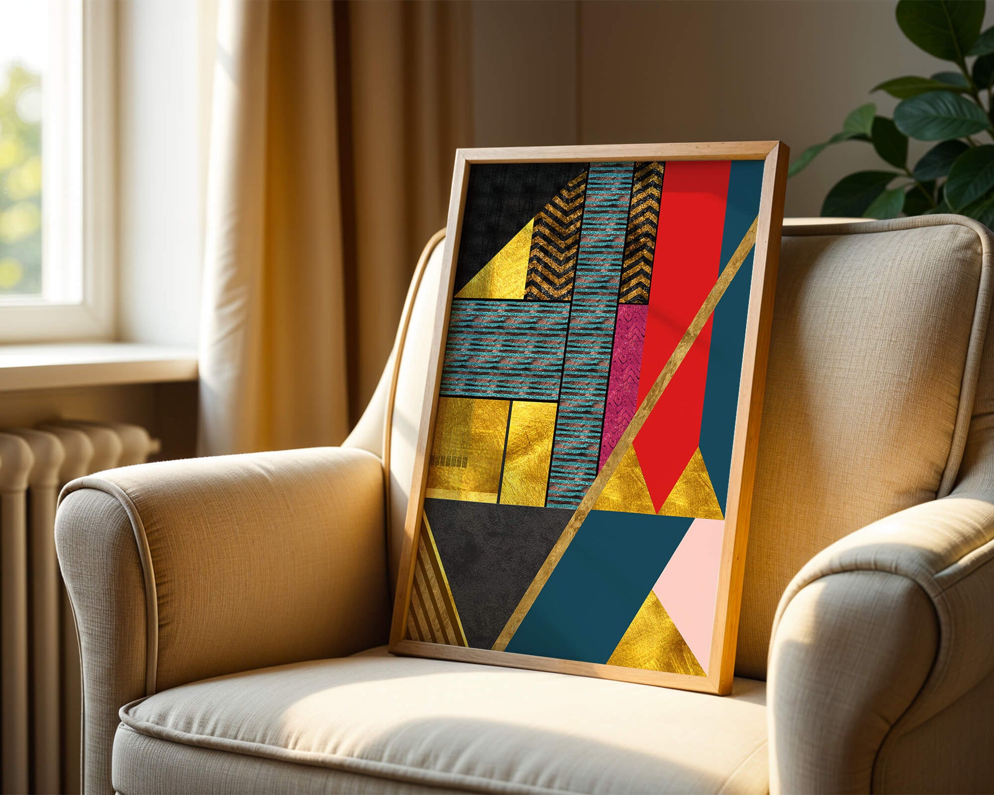 Geometric abstract art with bold colors and golden accents