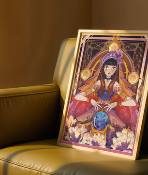 Obra de arte de fantasía con una adivina que tiene una bola de cristal y flores