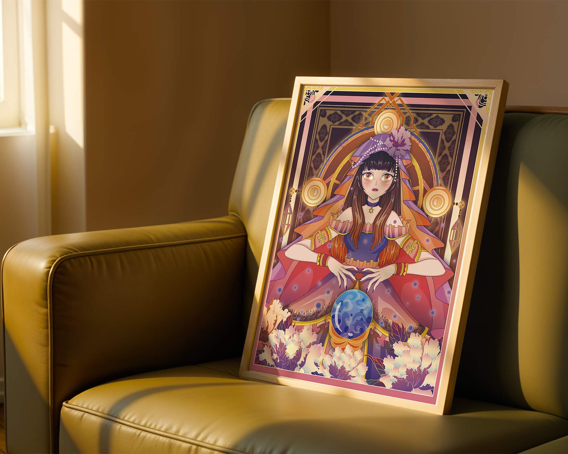 Fantasy Artwork Featuring a Fortune Teller with Crystal Ball and Flowers