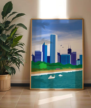 Paisaje urbano moderno con skyline y frente al agua en un estilo vibrante
