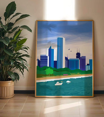 Modern cityscape with skyline and waterfront in a vibrant style