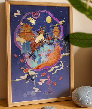 Escena nocturna oriental romántica con pareja y pagodas bajo la luz de la luna