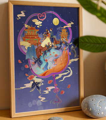 Romantic oriental night scene with couple and pagodas under moonlight