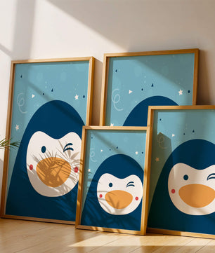 Pingüino animado juguetón sobre un fondo azul caprichoso