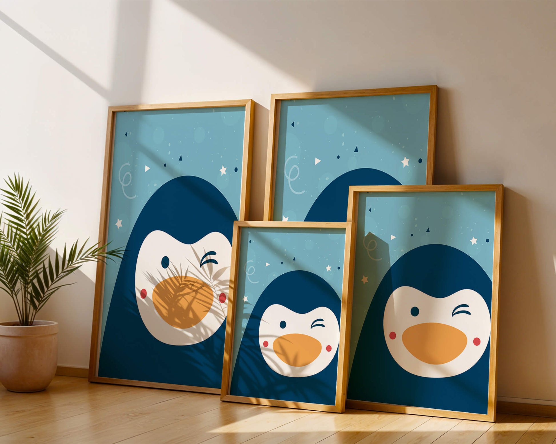Pingüino de dibujos animados juguetón sobre un fondo azul caprichoso