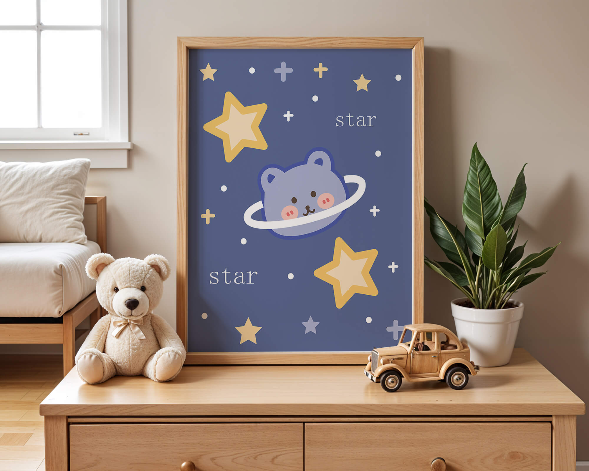 Adorable cartoon bear with stars on a blue background