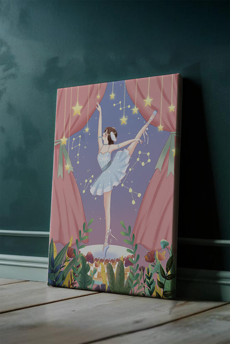 Graceful ballerina performing under starry sky on stage