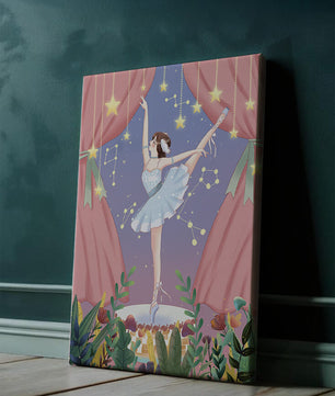 Graceful ballerina performing under starry sky on stage