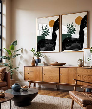 L'œuvre d'art abstraite de la nature avec une silhouette de plante et des formes géométriques