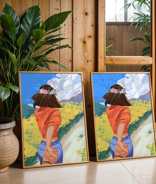 Woman in Nature with Floral Headband and Holding Hands on a Sunny Day