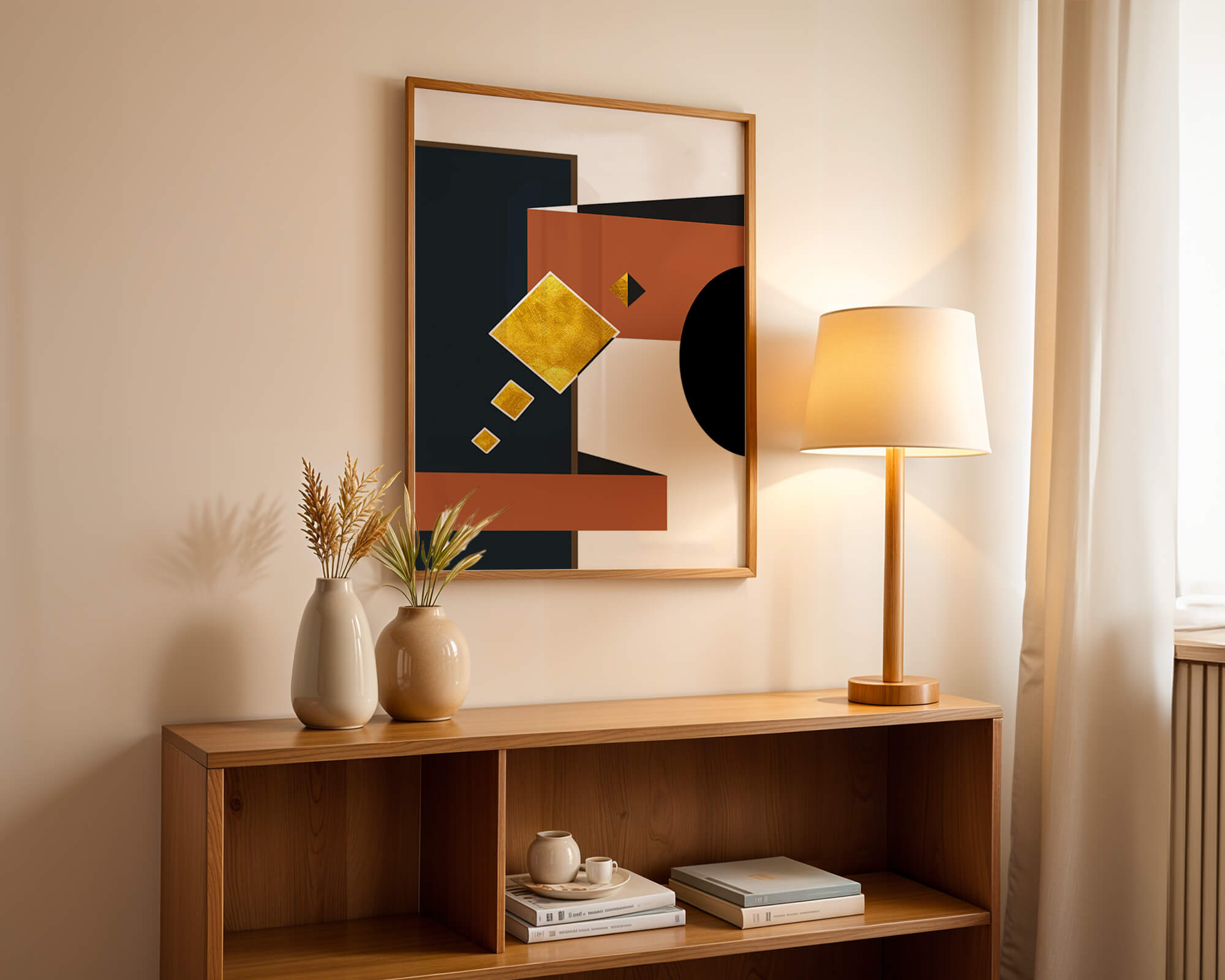 Abstract geometric art with gold accents and bold colors - Mi tienda