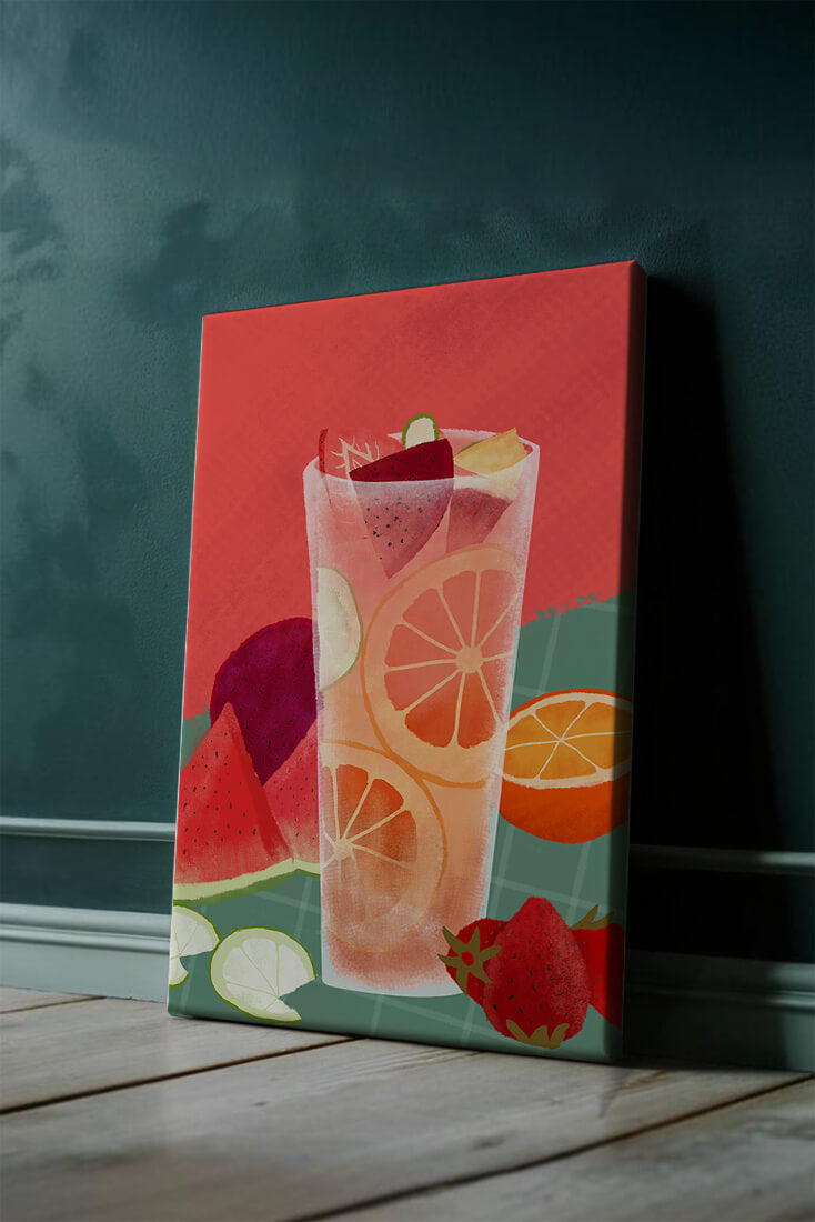 Ilustración de cóctel de frutas refrescante con cítricos y sandía.