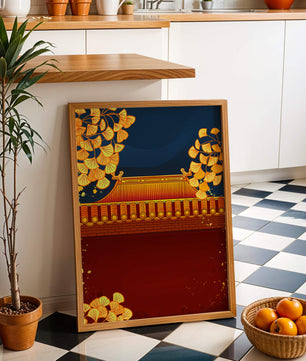 Traditionelles asiatisches Dach mit goldenem Laub auf dunklem Abendhimmel