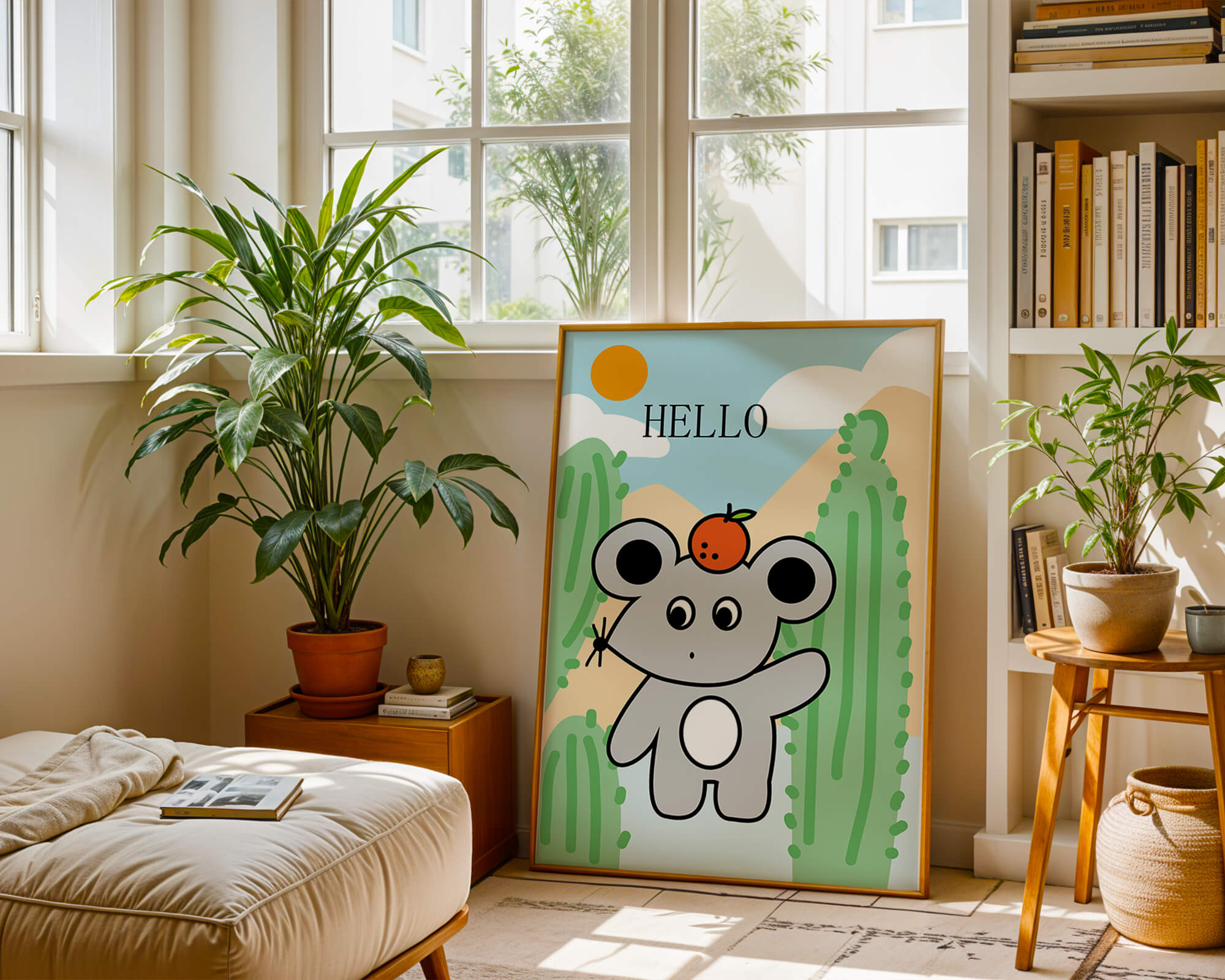 Cute illustration of a mouse with an orange on a sunny background