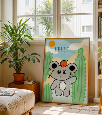 Cute illustration of a mouse with an orange on a sunny background