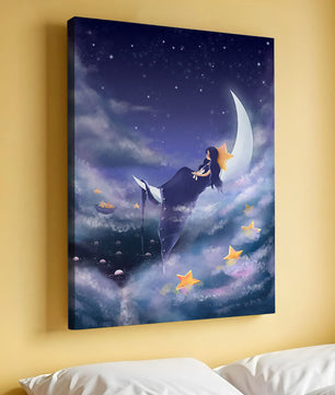 Cielo nocturno soñador con una niña sentada en una luna creciente rodeada de estrellas
