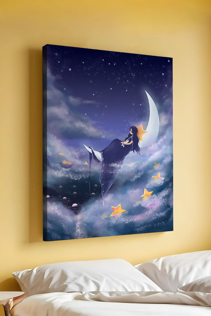 Dreamy night sky with girl sitting on crescent moon surrounded by stars