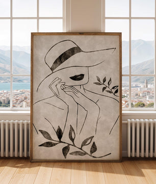 Abstract Woman in Hat with Minimalist Leaf Design