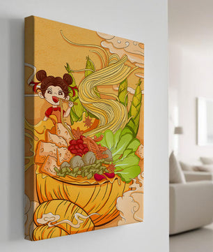 Ilustración colorida de un niño disfrutando de un tazón de fideos con verduras
