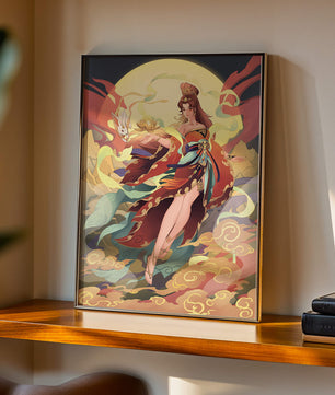 An enchanting depiction of a celestial figure with a mystical rabbit and vibrant attire