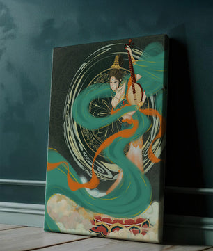 Elegant depiction of traditional musical culture with vibrant flowing ribbons and intricate patterns