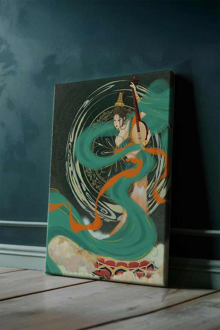 Elegant depiction of traditional musical culture with vibrant flowing ribbons and intricate patterns