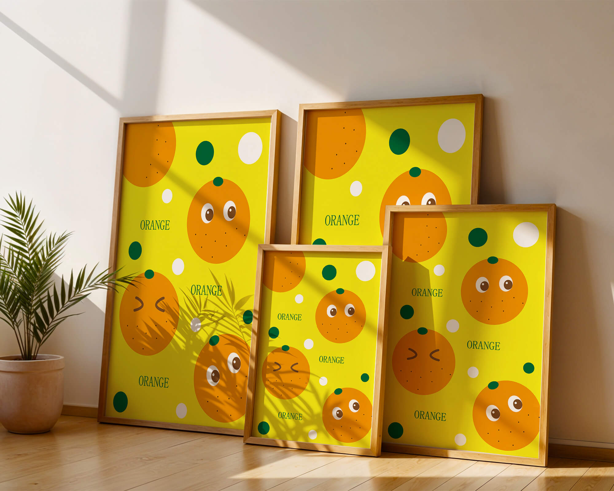 Playful orange pattern with cartoon faces and colorful circles