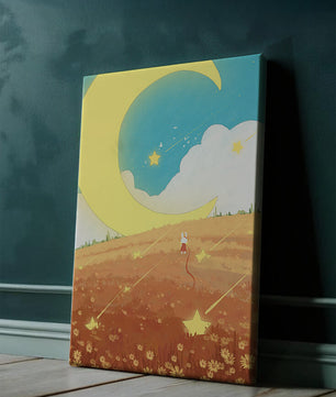 Paisaje nocturno onírico con luna y estrellas en un campo