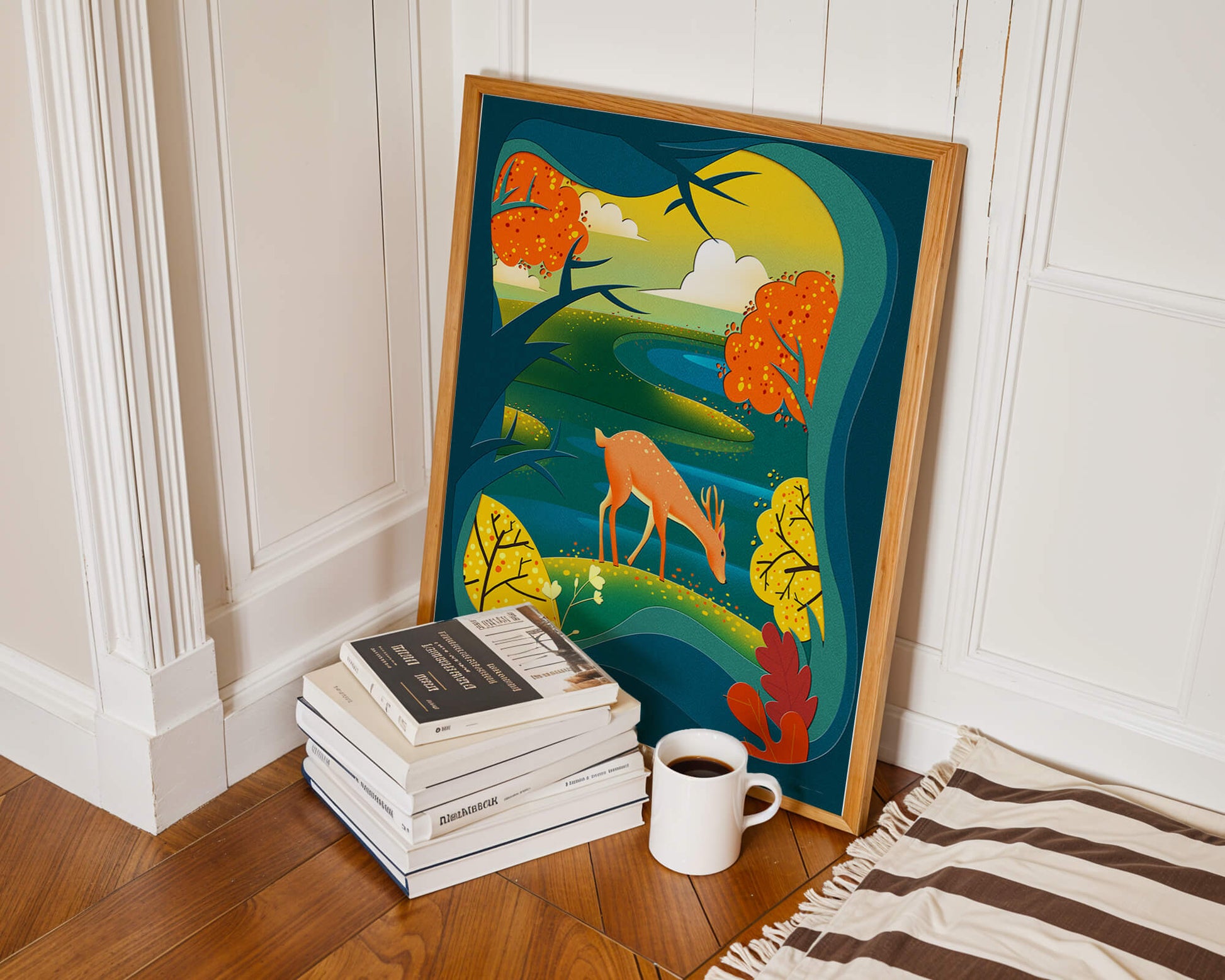 Deer in autumnal forest landscape with vibrant foliage