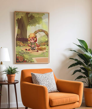 Charming anime-style scene with young girl, flowers, and nature background