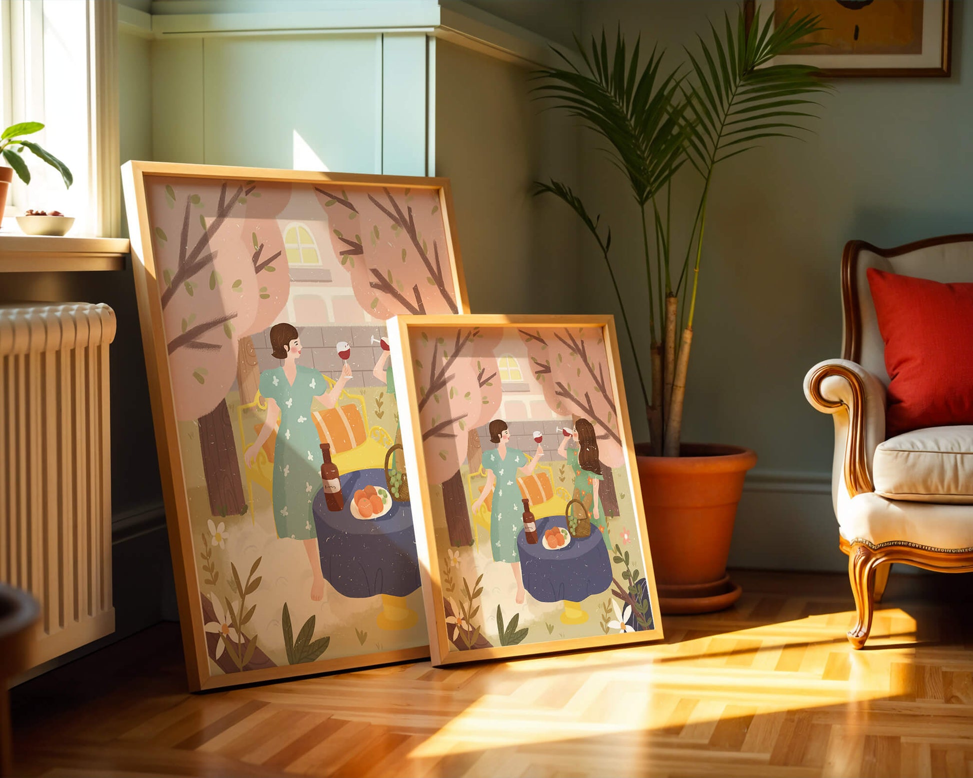 Reunión primaveral en el jardín con vino y frutas