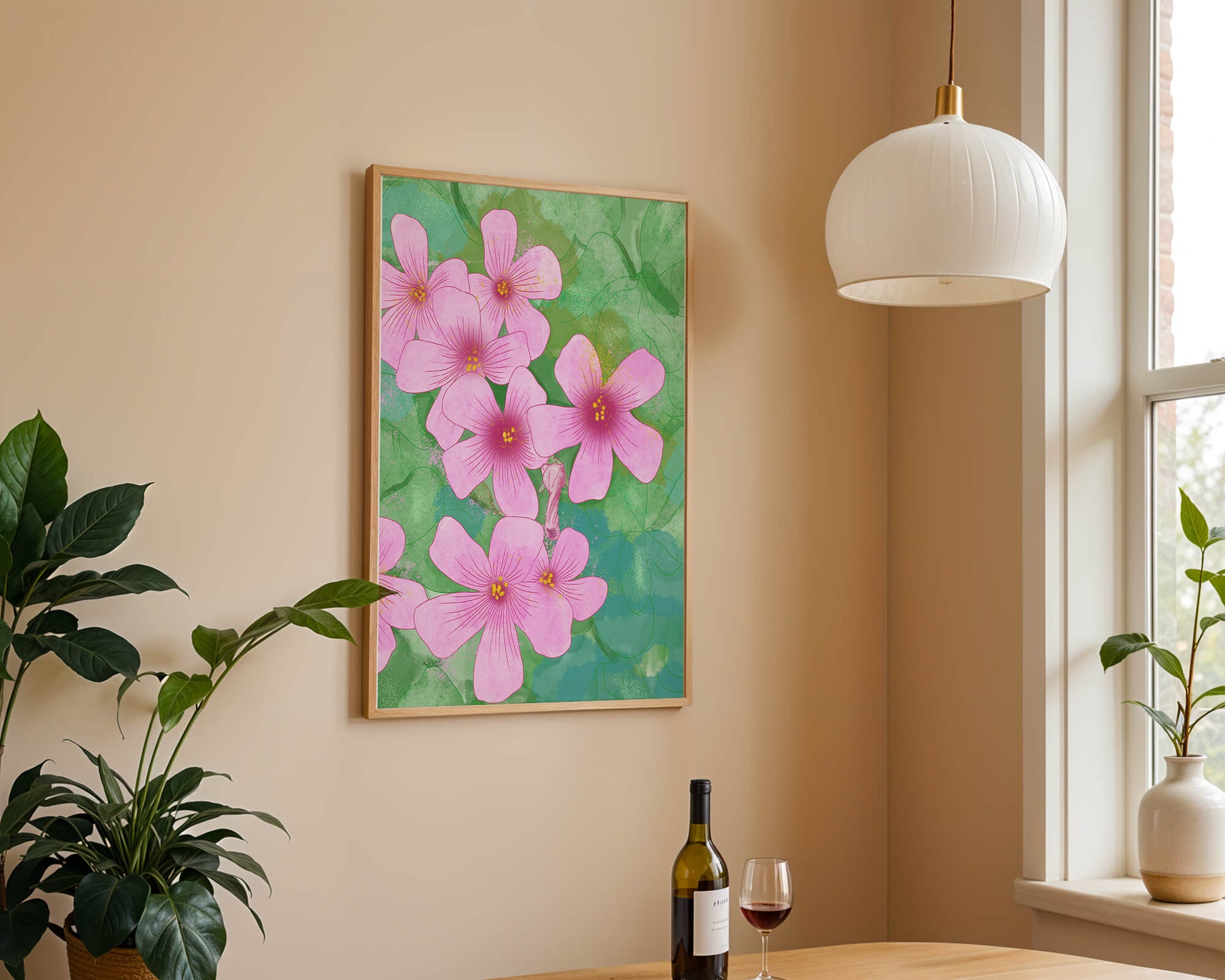 Zarte rosa Blüten auf einem leuchtend grünen Hintergrund Illustration