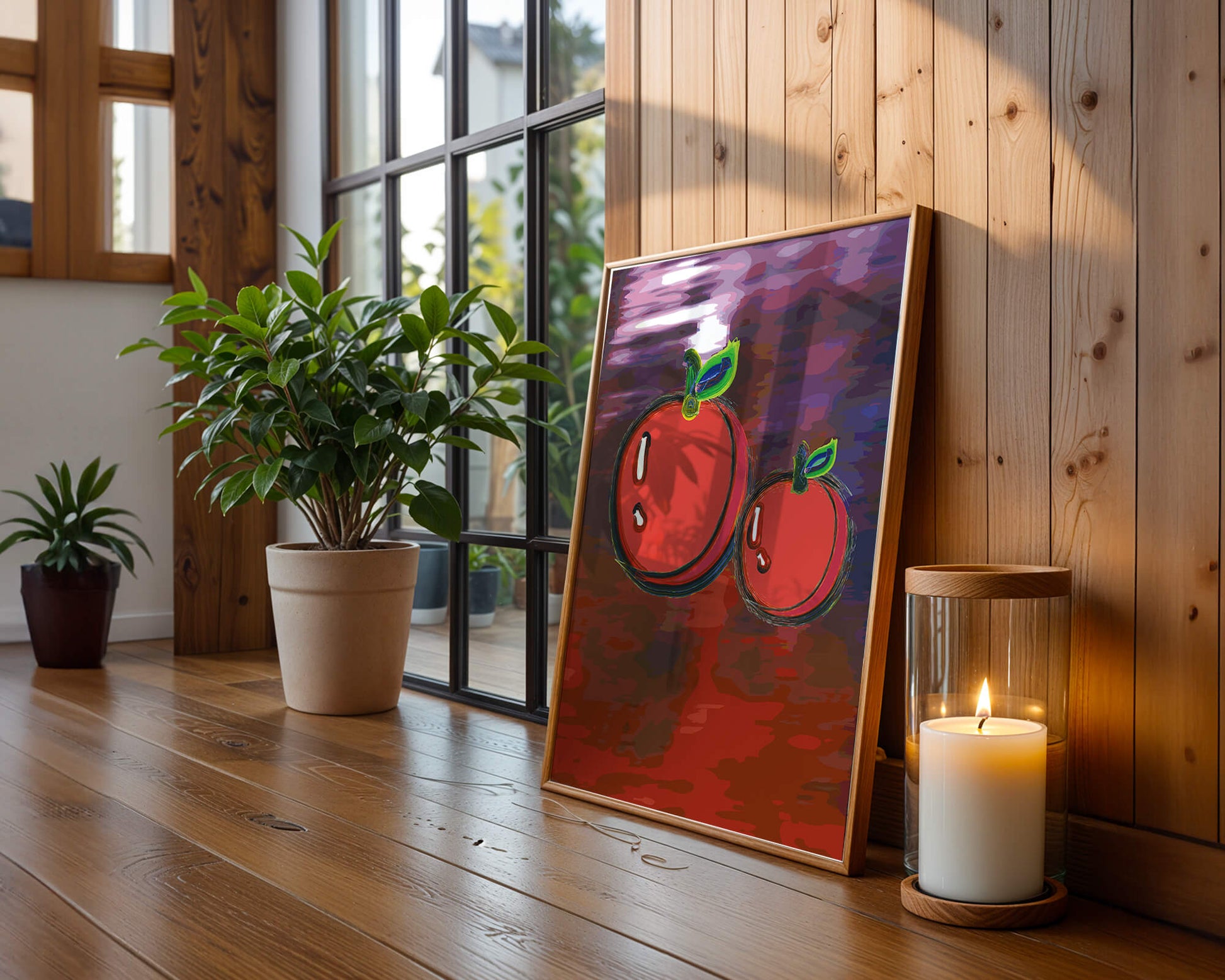 Dos manzanas abstractas con fondo colorido