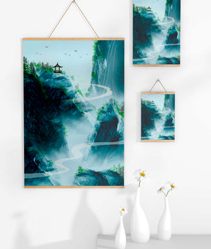 Paisaje montañoso sereno con pagoda y río serpenteante