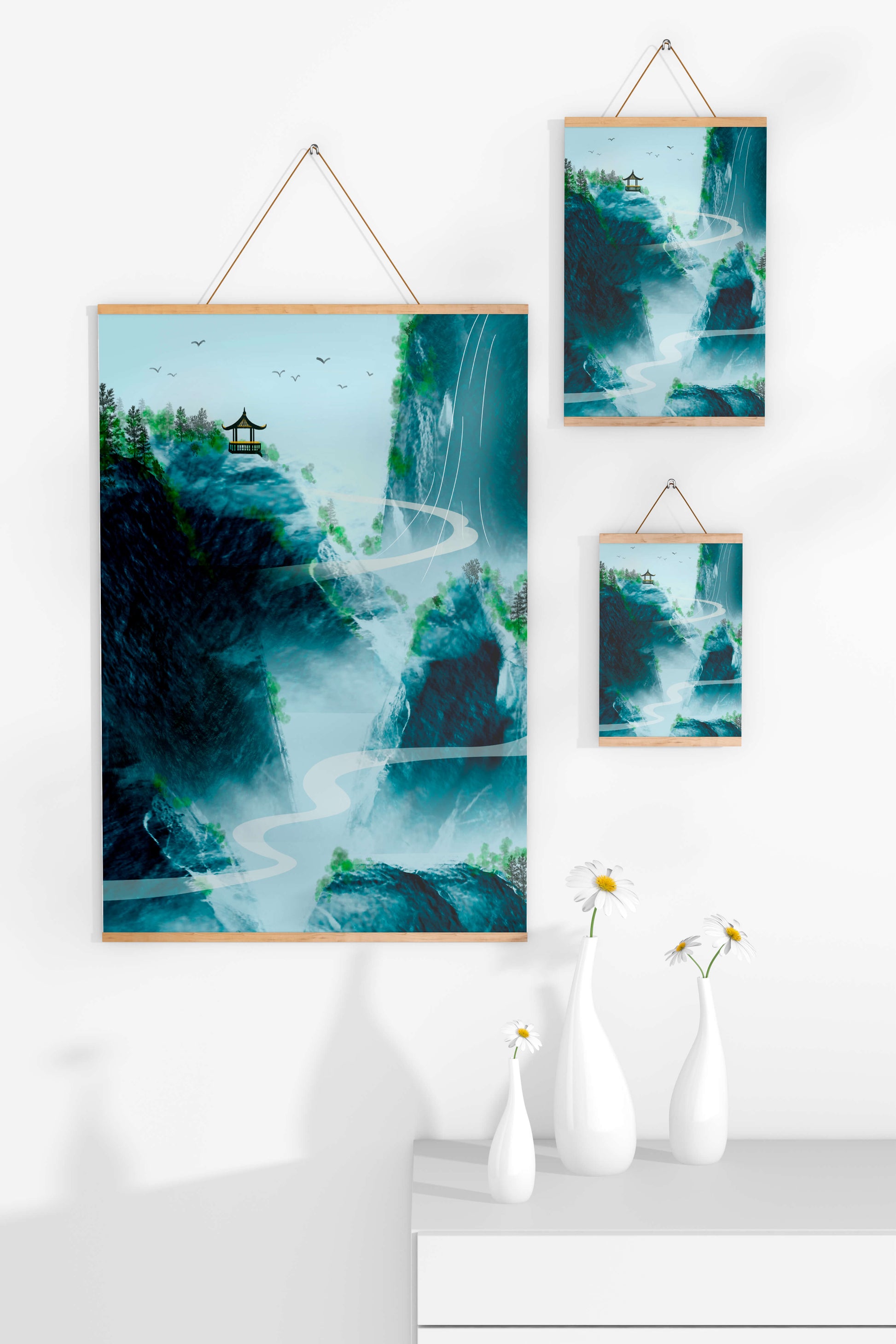 Paisaje montañoso sereno con pagoda y río serpenteante