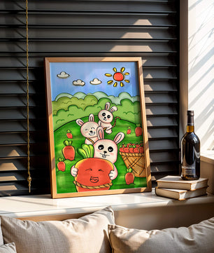 Illustration de lapins espiègles avec des carottes dans un champ ensoleillé