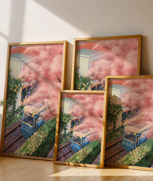 Zug in Kirschblütenlandschaft mit modernem Gebäude
