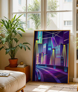 Futuristic Neon Cityscape with Illuminated Skyscrapers and Curved Road