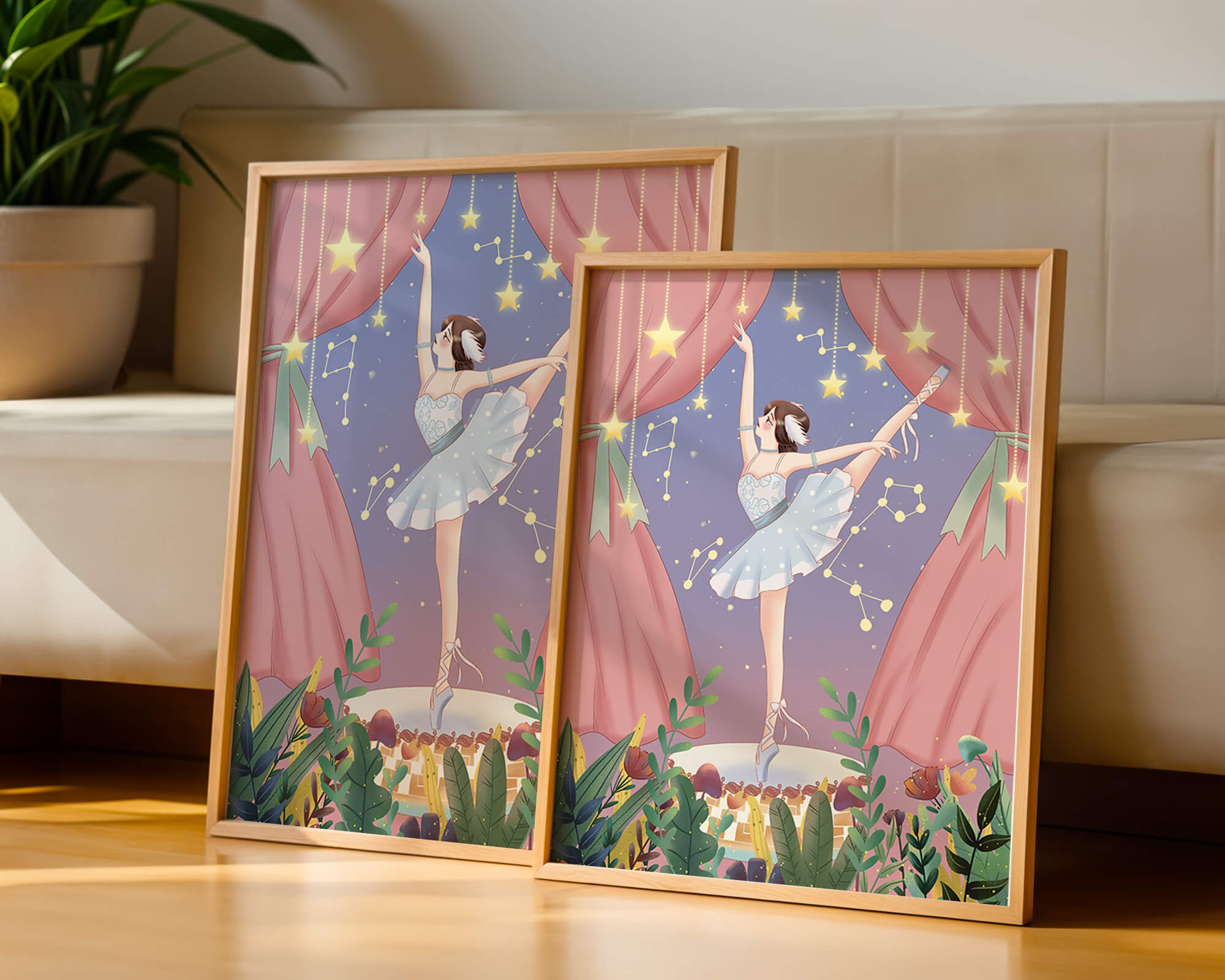 Graceful ballerina performing under starry sky on stage