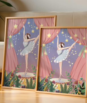 Graceful ballerina performing under starry sky on stage