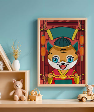 Tigre de dibujos animados colorido con linternas y elementos tradicionales