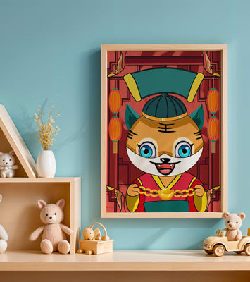 Colorful cartoon tiger with lanterns and traditional elements