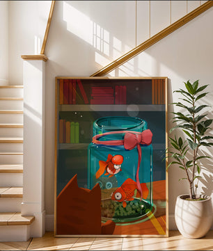Neugierige Katze beobachtet Goldfische in einem Glas auf einem Bücherregal