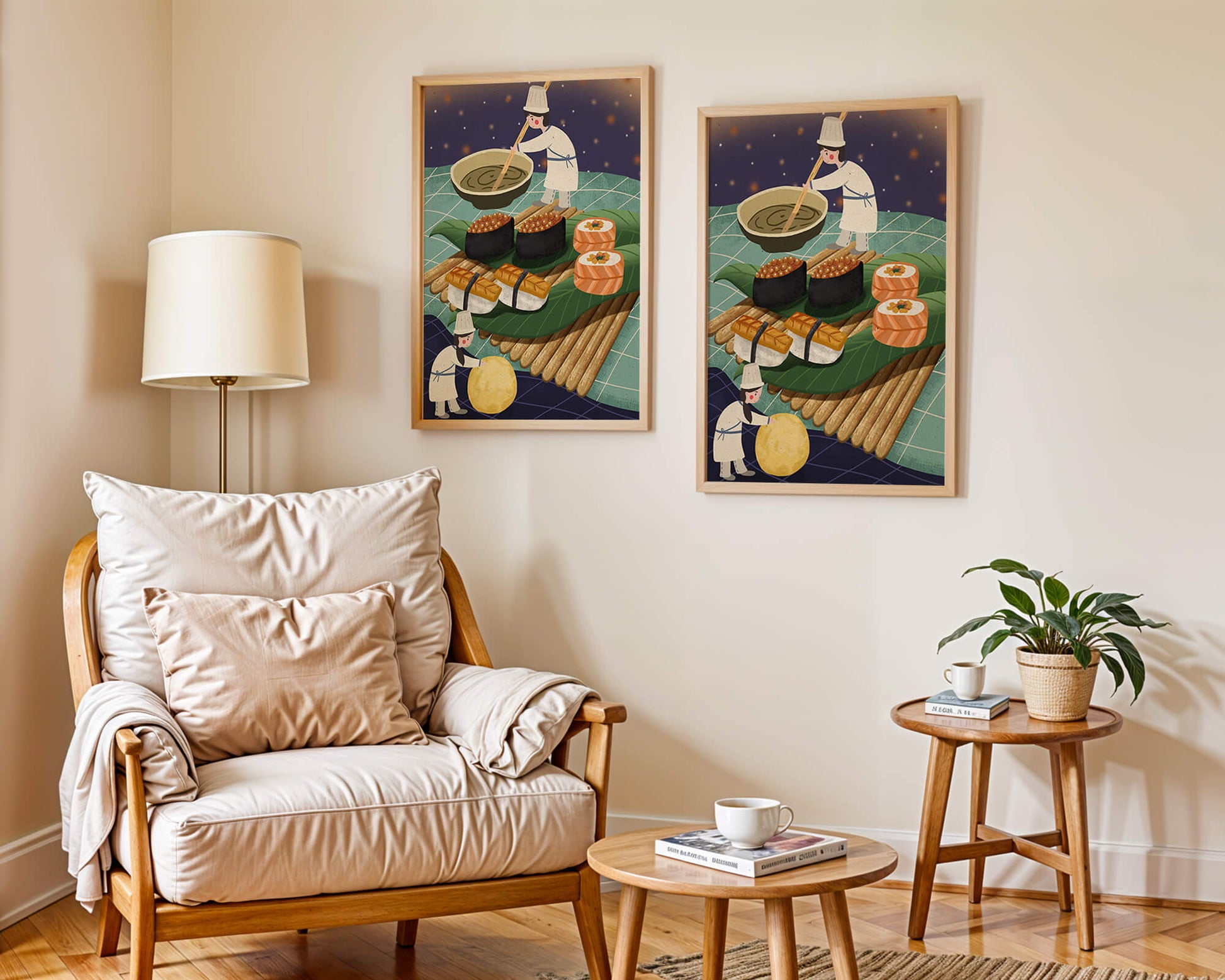 Ilustración juguetona de chefs preparando sushi en un paisaje imaginario