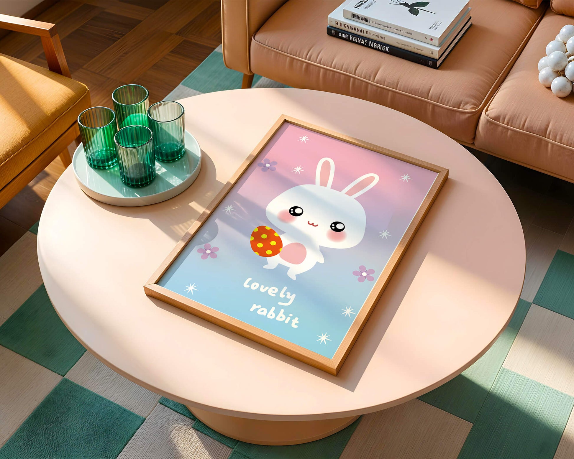 Adorable rabbit illustration with a colorful egg on a pastel background