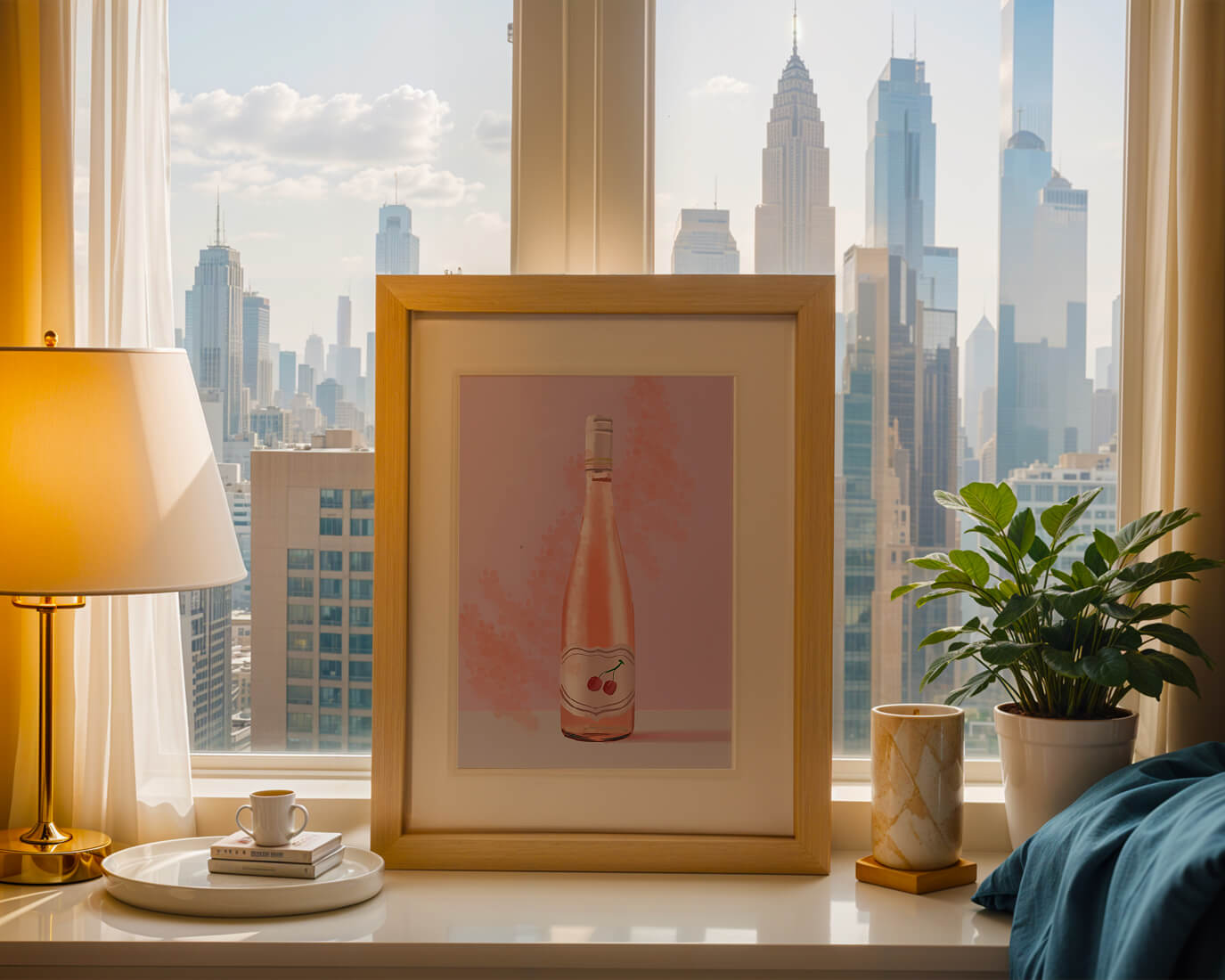 Illustrated wine bottle with a cherry label on pink background