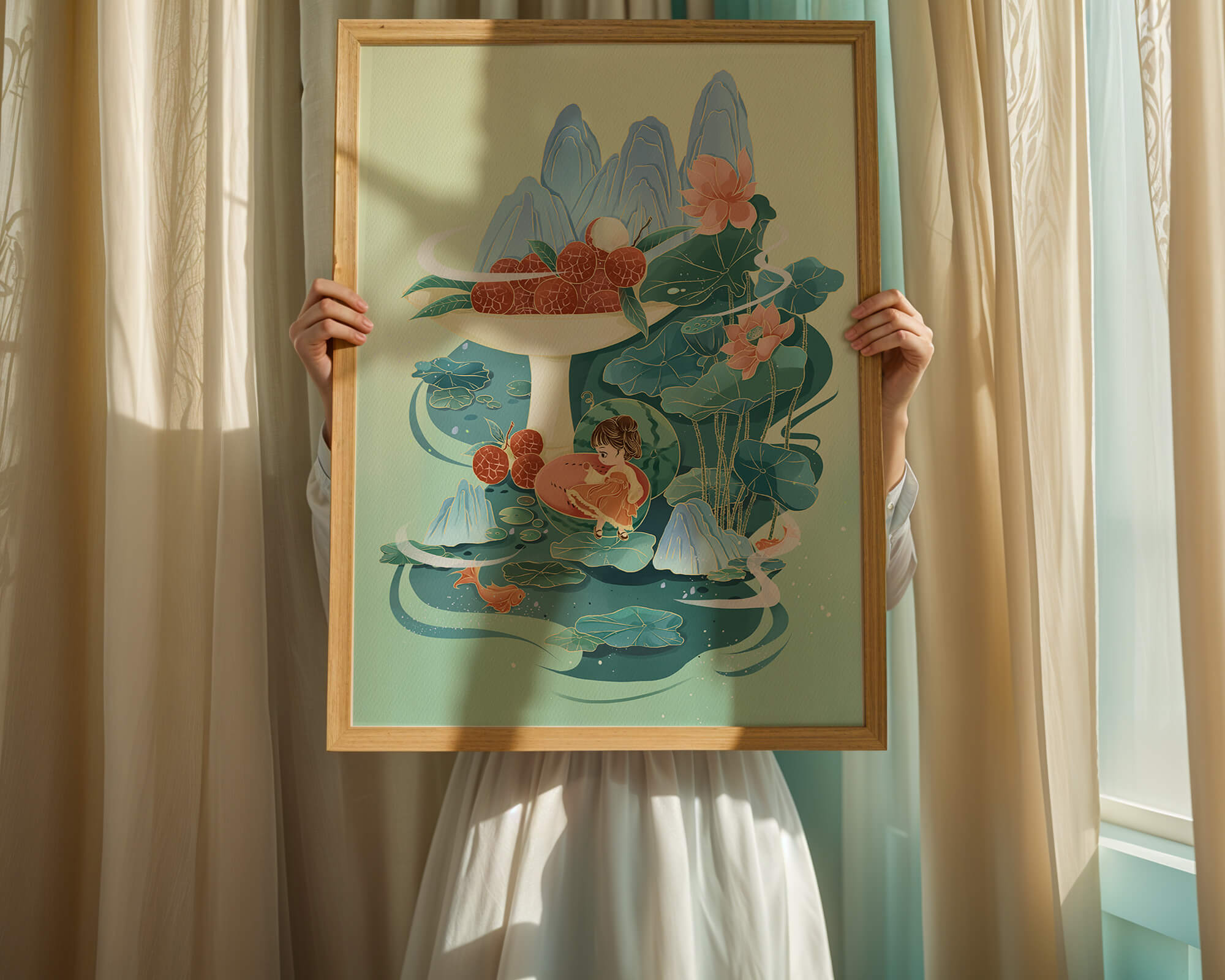 Whimsical illustration with girl, lychee, and lotus flowers