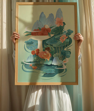 Whimsical illustration with girl, lychee, and lotus flowers
