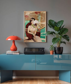 Œuvre d'art élégante d'inspiration asiatique vintage représentant une femme avec un éventail